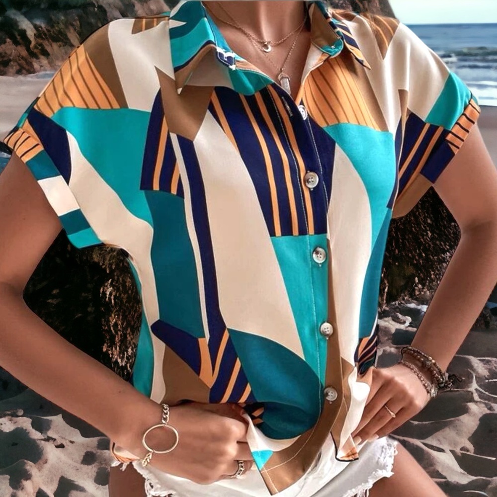 Women's abstract geometric mid-century modern vibe top Large 8/10 poly NEW (5)